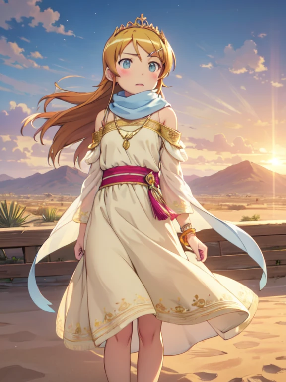 (masterpiece, Highest quality:1.1), (Desert Princess), kirino kousaka, 1 Girl, alone, Gold embroidery, Kaftans,Turbaned, scarf, jewelry, Circlet, 額のjewelry, Elegant robes, satin, Veil, gem, tiara, Arabian Style, Desert Landscape, carpet, Hair blowing in the wind, Shining, Sunset, oasis, silk, Sparkling Eyes, Sand Dunes