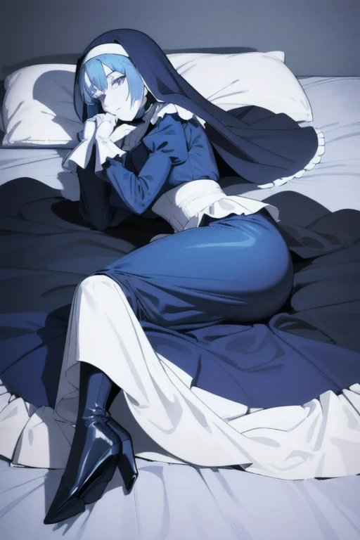 Mature women, nun, blue nun outfit, puffy sleeves, blue cape ,blue long skirt, long sleeves, sleeves cover her hands, long deep black veil, vail cover her face,(look at viewer) ,no face detail, vail covered face, (perfect skin),(no emotion ), anime, (full body), bed, lying down, sexy poses, heels boots