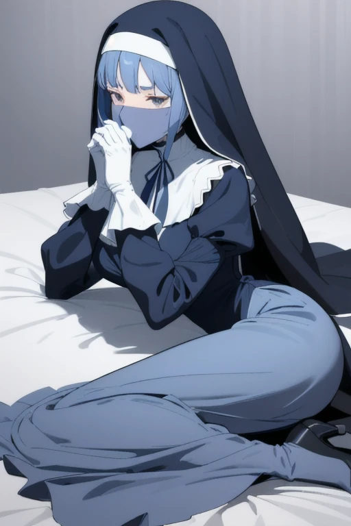 Mature women, nun, blue nun outfit, puffy sleeves, blue cape ,blue long skirt, long sleeves, sleeves cover her hands, long deep black veil, vail cover her face,(look at viewer) ,no face detail, vail covered face, (perfect skin),(no emotion ), anime, (full body), bed, lying down, sexy poses, heels boots 