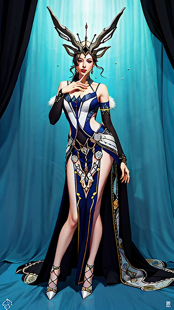 Prom background,Night dance ,Long silver-blue hair,Low ponytail,Standing close-up,dream world,Royal sister,Chains and shackles on the body,(Elongated danphoenix eyes,eye shadow,long eyelashes),Messy hair,Elongated danphoenix eyes,eye shadow,Contact lenses,(sequin dress,Gorgeous and extremely revealing gown,A large number of expensive jewelry,The shackles on the body:2.0),(big breast)ballroom background,(Soft light and shadow:1.9),Intricate body jewelry,High heeled dancing shoes,Detailedly drawn backgrounds