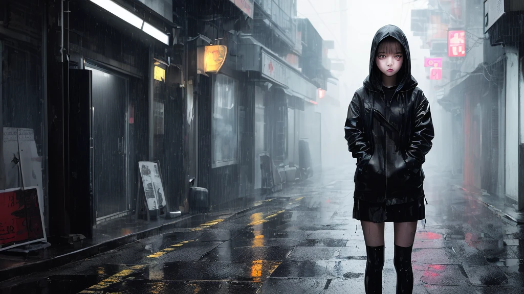 A dark, cinematic scene featuring an anonymous girl with a mysterious aura. She stands alone in a dimly lit alleyway, rain pouring down, her face partially hidden by shadows and a hood. Neon lights flicker in the background, casting eerie reflections on the wet pavement. The atmosphere is tense and macabre, with an underlying sense of danger and complexity. The girl's eyes reveal a mix of determination and vulnerability, hinting at a deeper, more complicated story.