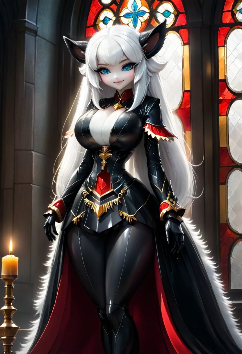 uploaded on e621, ((by Yurusa, by Childe Hassam, by Kenket, by Kyoto Animation)), solo (chibi:1.15) ((sheep (lamb \(cult of the lamb\)), black body and white fur, white hair, horn, clear red sclera)), (wear red crown, red cloak, grey black gown:1.25), (flat chested, smile), ((detailed fluffy fur)), (half-length portrait, looking at viewer, three-quarter view:1.3), BREAK, (standing at church with stained glass:1.25), (outside, fog, mist, candle:1.2), (detailed background, depth of field, half body shadow, sunlight, ambient light on the body), (intricate:0.7), (high detail:1.2), (unreal engine:1.3), (soft focus:1.1), [explicit content, questionable content], (masterpiece, best quality, 4k, 2k, shaded, absurd res)
