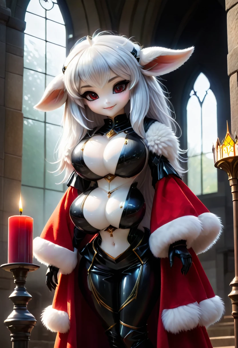 uploaded on e621, ((by Yurusa, by Childe Hassam, by Kenket, by Kyoto Animation)), solo (chibi:1.15) ((sheep (lamb \(cult of the lamb\)), black body and white fur, white hair, horn, clear red sclera)), (wear red crown, red cloak, grey black gown:1.25), (flat chested, smile), ((detailed fluffy fur)), (half-length portrait, looking at viewer, three-quarter view:1.3), BREAK, (standing at church with stained glass:1.25), (outside, fog, mist, candle:1.2), (detailed background, depth of field, half body shadow, sunlight, ambient light on the body), (intricate:0.7), (high detail:1.2), (unreal engine:1.3), (soft focus:1.1), [explicit content, questionable content], (masterpiece, best quality, 4k, 2k, shaded, absurd res)
