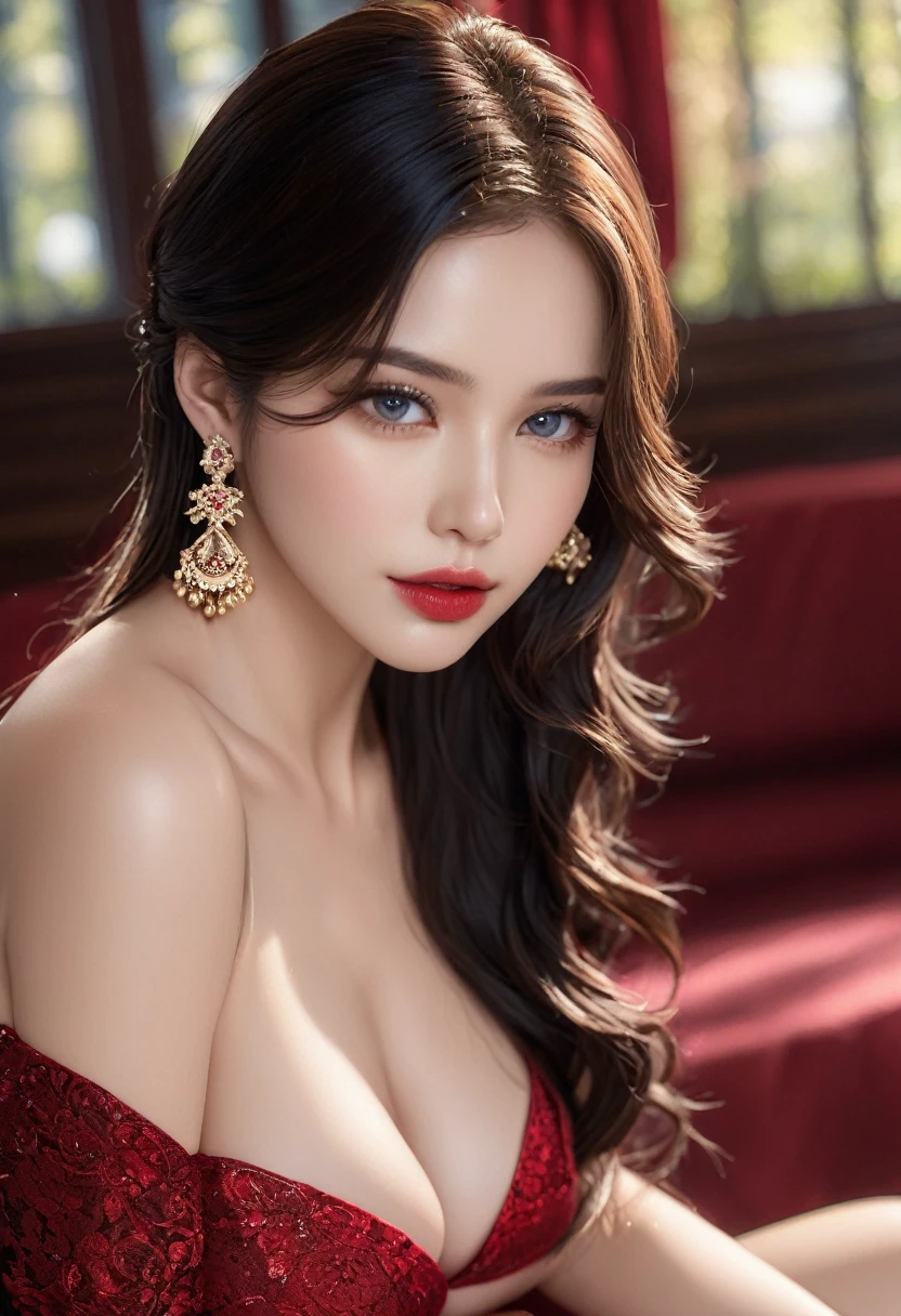 (extremely detailed CG unity 8k wallpaper,masterpiece,(((best quality))), ultra-detailed, beautiful detailed eyes:1.2),(((extremely detailed))),highly detailed, beautiful, small details, ultra detailed, best quality, intricate, 4k, 8k, trending on artstation, good anatomy, beautiful lighting, award-winning,long hair,black hair,hair ornament,brown hair,breasts,cleavage,jewelry, earrings,brown eyes,lips,realistic,1girl, dress, breasts, solo, long hair, black dress, hair ornament, earrings, jewelry, water, from side, looking at viewer, blue eyes, arms behind back, ass, black hair, large breasts, cleavage, red lips, thighs, bare shoulders, side slit, backless dress, backless outfit, closed mouth, makeup
