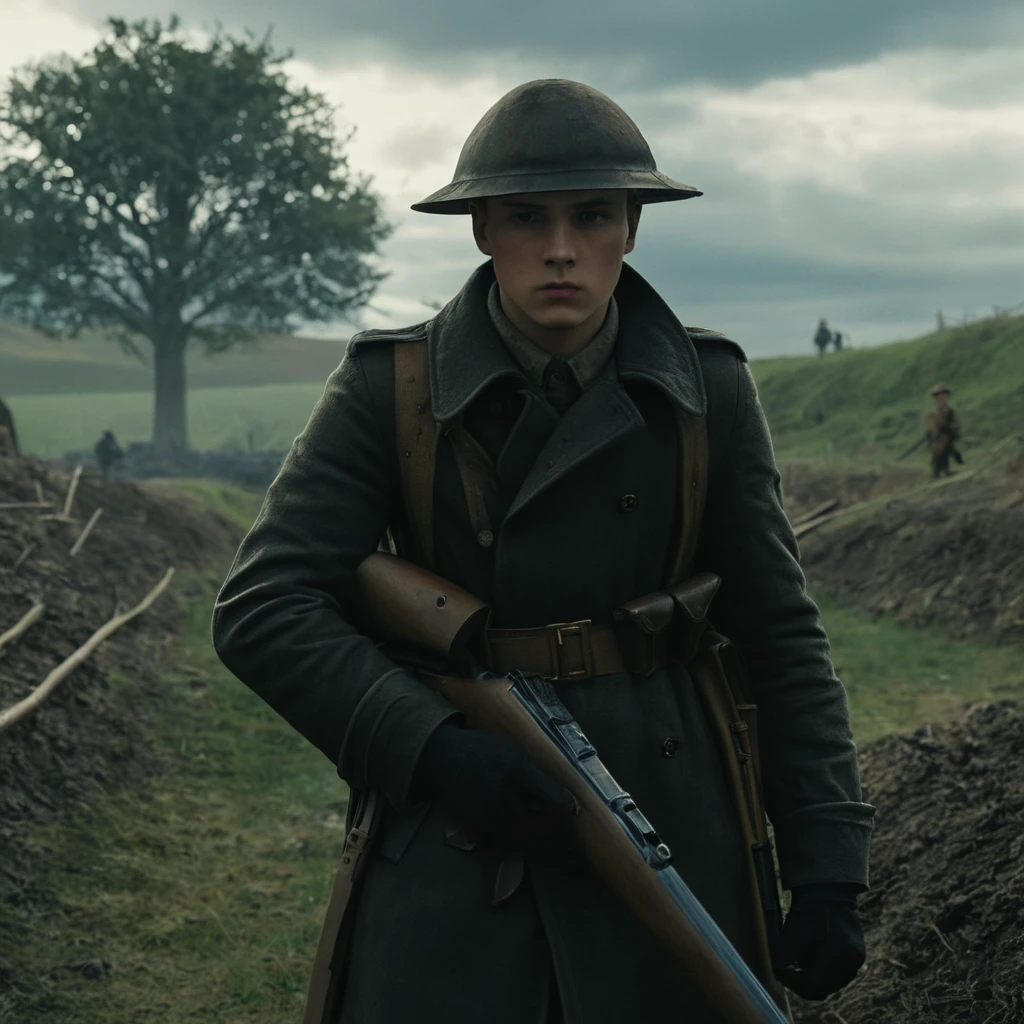 UHD, 4k, ultra detailed, cinematic, a photograph of  a british man in a trench coat holding a rifle battlefield ww1 style,1boy,hat,weapon,outdoors,multiple boys,sky,day,cloud,tree,gun,military,grass,scenery,rifle,soldier , war, war zone, battle, warrior, soldier, dark themed, cinematic, film look, world war 1, first world war, ww1, military, dramatic light, epic, beautiful lighting, inpsiring