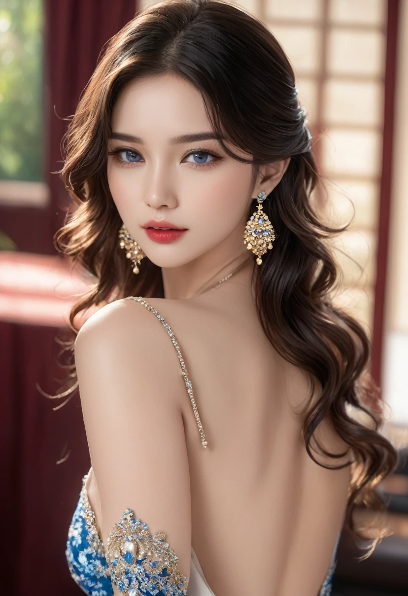 (extremely detailed CG unity 8k wallpaper,masterpiece,(((best quality))), ultra-detailed, beautiful detailed eyes:1.2),(((extremely detailed))),highly detailed, beautiful, small details, ultra detailed, best quality, intricate, 4k, 8k, trending on artstation, good anatomy, beautiful lighting, award-winning,long hair,black hair,hair ornament,brown hair,breasts,cleavage,jewelry, earrings,brown eyes,lips,realistic,1girl, dress, breasts, solo, long hair, black dress, hair ornament, earrings, jewelry, water, from side, looking at viewer, blue eyes, arms behind back, ass, black hair, large breasts, cleavage, red lips, thighs, bare shoulders, side slit, backless dress, backless outfit, closed mouth, makeup