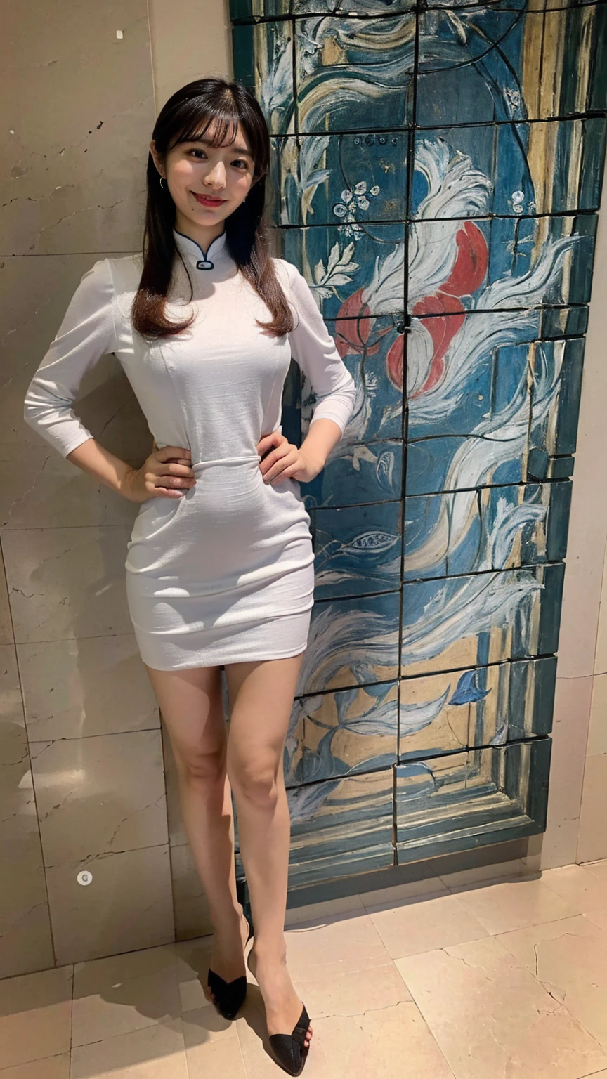 (8K、RAW Photos、Highest quality、masterpiece:1.2)、(Realistic、Realistic)、1 Girl、((China dress:1.2、Thin legs、whole body、View from the front、smile、Looking into the camera、Stand with hands on hips))、cute、((The background is slums))、Accurate Fingers