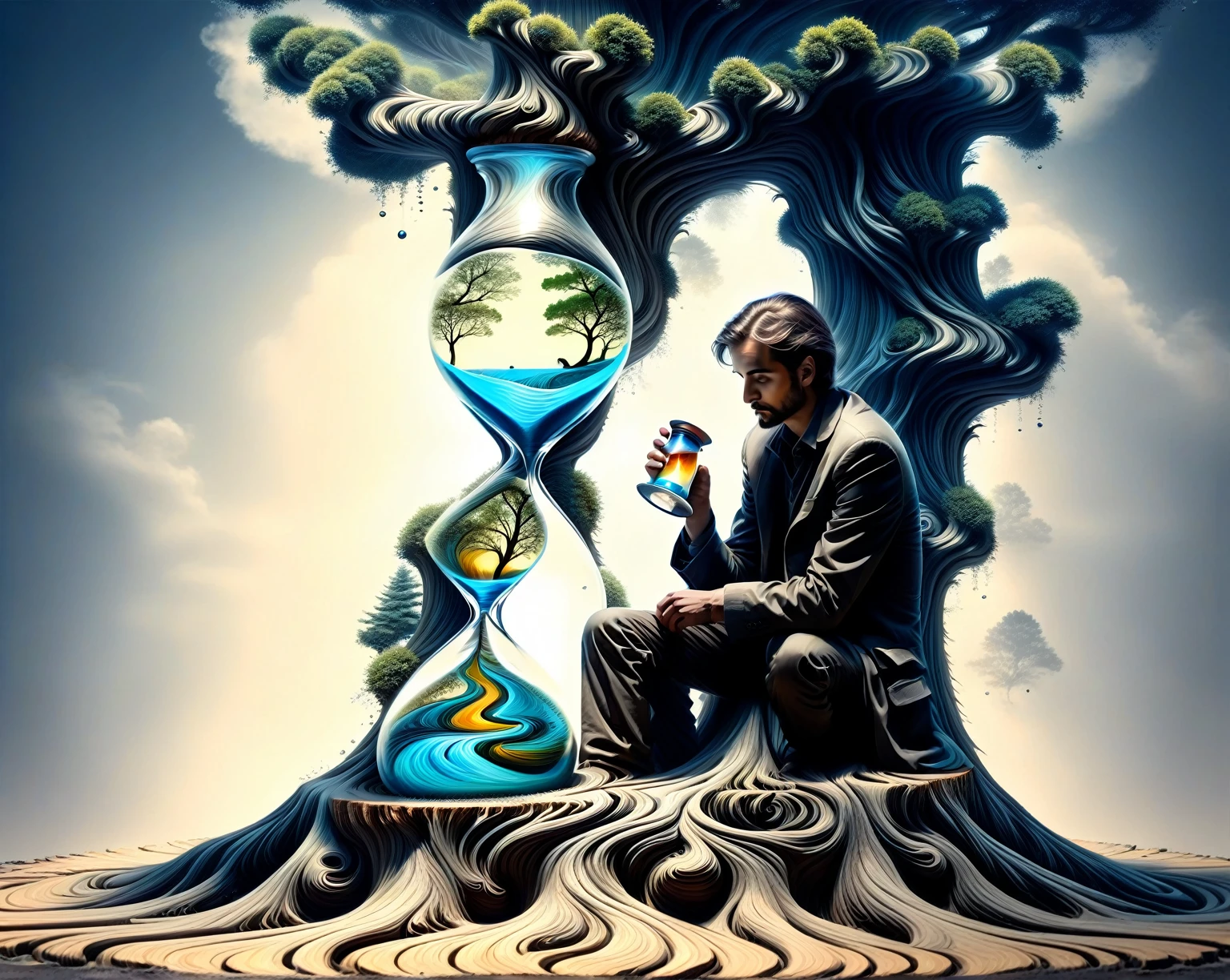 a man sitting on a tree stump looking at an hourglass, time consumes us all, memory trapped in eternal time, illusion of bent time, illusion surreal art, caught in the flow of time, in the flow of time, surreal art, dreaming illusion, surreal concept art, time does not exist anymore, digital visionary art, 4 k surrealism