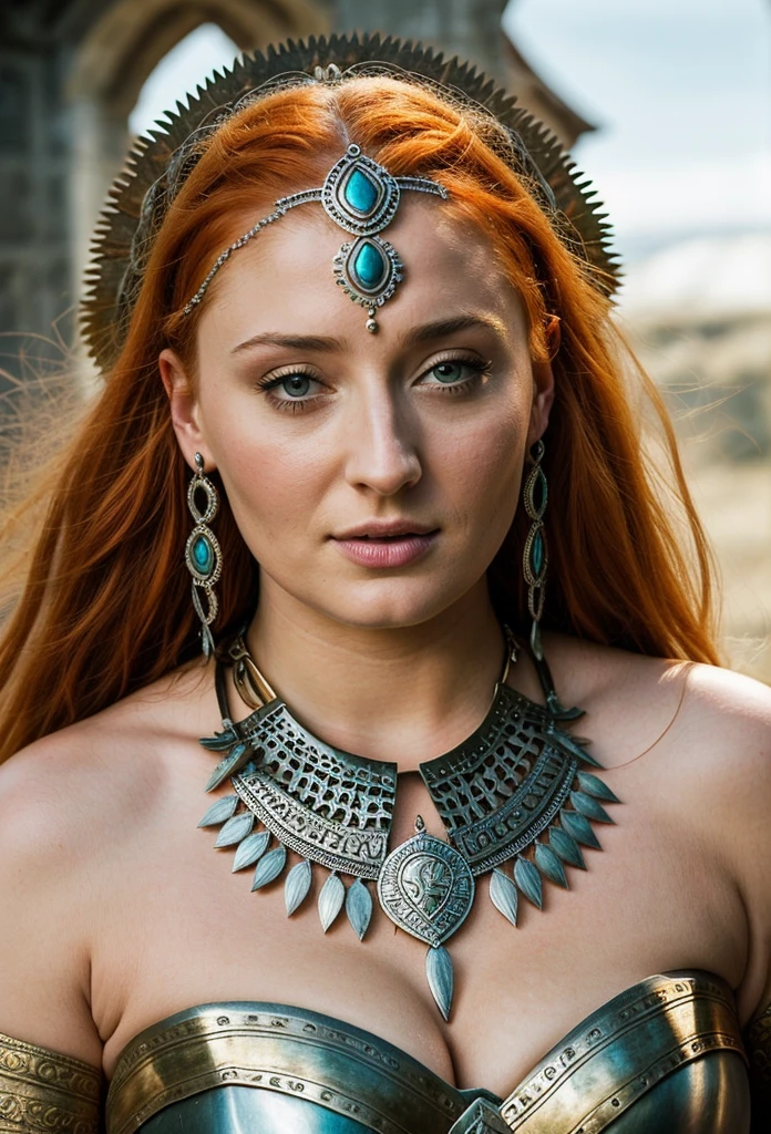 Foto RAW, Sansa Stark, Extremely gorgeous lady, Sansa Stark PLAYED BY Sophie Turner, Full figured woman, heavy physique, voluptuous, curvy, Full figured lady, thick fleshy figure, bulky figure, beautifully styled hair, Queen Sansa Stark, she  a mature woman now, milf, sexy mediaeval battle dress, gladiator woman, body, 45 years old Woman, body revealing costumes, perky breast, alluring figure, big natural breast, mediaeval costumes, mediaeval queen dress, erotic costumes, lusty physique, seductive figure can capture every people's attention, Game of thrones costumes, revealing captivating figure, Mediaeval costumes, revealing clothes, A tomboy, she would rather fence than dance, warrior queen , game of thrones screen caps, Game of Thrones Series, (pele altamente detalhada: 1.2), 8k UHD, DSLR, soft-lighting, alta qualidade, grain of film, Fujifilm XT3