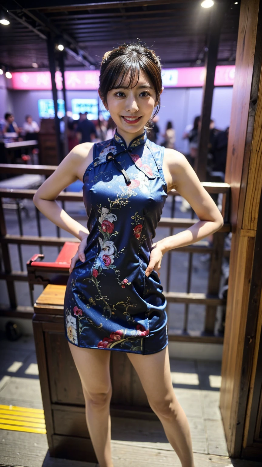 (8K、RAW Photos、Highest quality、masterpiece:1.2)、(Realistic、Realistic)、1 Girl、((Long cheongsam:1.2、Thin legs、whole body、View from the front、smile、Looking into the camera、Stand with hands on hips))、cute、((The background is slums))、Accurate Fingers