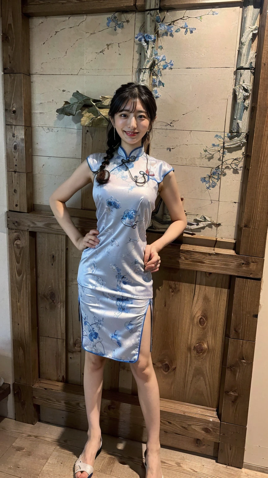 (8K、RAW Photos、Highest quality、masterpiece:1.2)、(Realistic、Realistic)、1 Girl、((Long cheongsam:1.2、Thin legs、whole body、View from the front、smile、Looking into the camera、Stand with hands on hips))、cute、((The background is slums))、Accurate Fingers