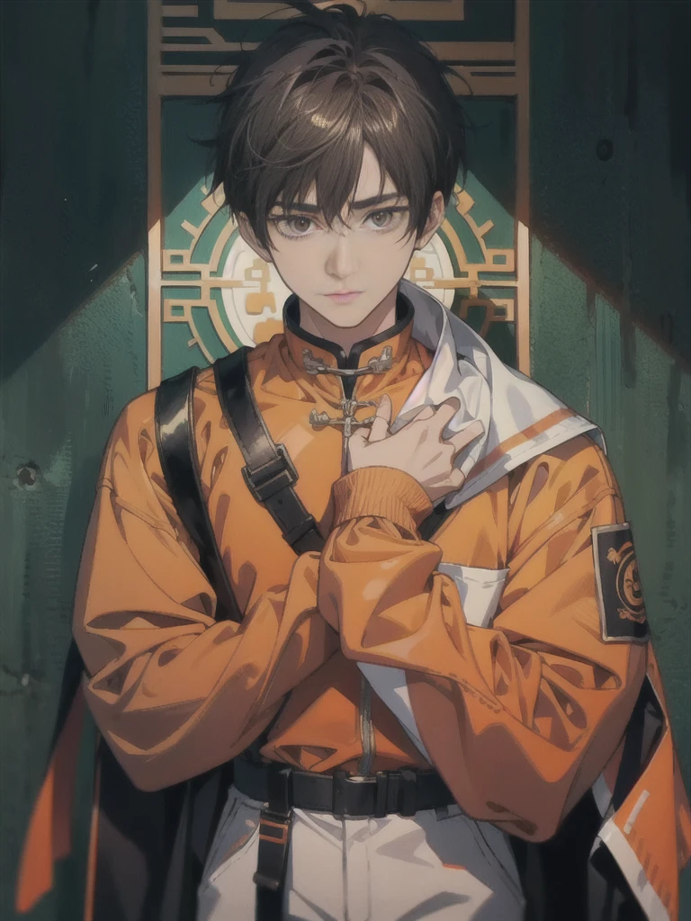 Chinese male high school student,Wear an orange PVC sweater,solid color backdrop