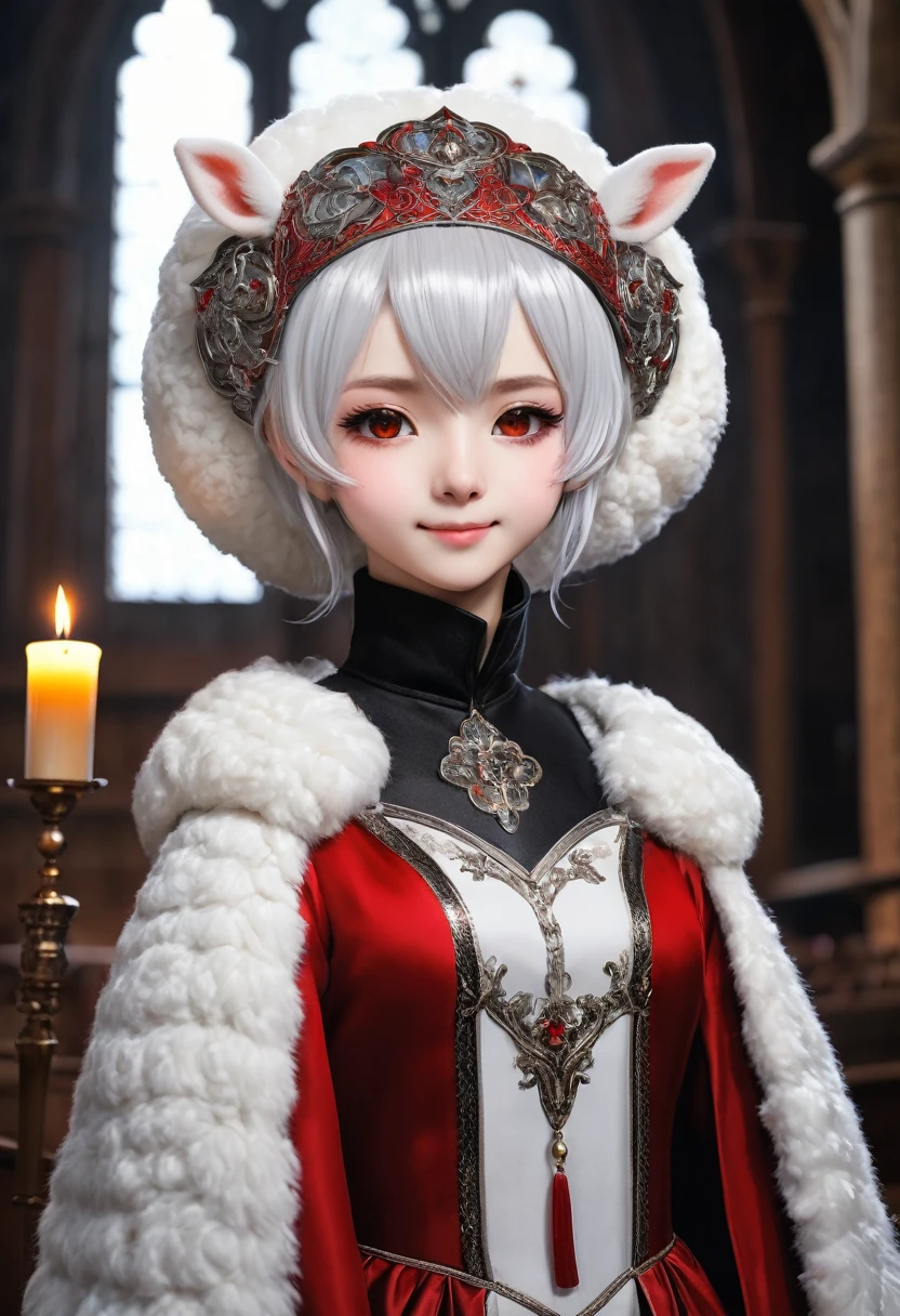 uploaded on e621, ((by Yurusa, by Childe Hassam, by Kenket, by Kyoto Animation)),
solo (chibi:1.15) ((sheep (lamb \(cult of the lamb\)), black body and white fur, white hair, horn, clear red sclera)),
(wear red crown, red cloak, grey black gown:1.25), (flat chested, smile), ((detailed fluffy fur)),
(half-length portrait, looking at viewer, three-quarter view:1.3),
BREAK,
(standing at church with stained glass:1.25), (outside, fog, mist, candle:1.2),
(detailed background, depth of field, half body shadow, sunlight, ambient light on the body),
(intricate:0.7), (high detail:1.2), (unreal engine:1.3), (soft focus:1.1),
[explicit content, questionable content], (masterpiece, best quality, 4k, 2k, shaded, absurd res)