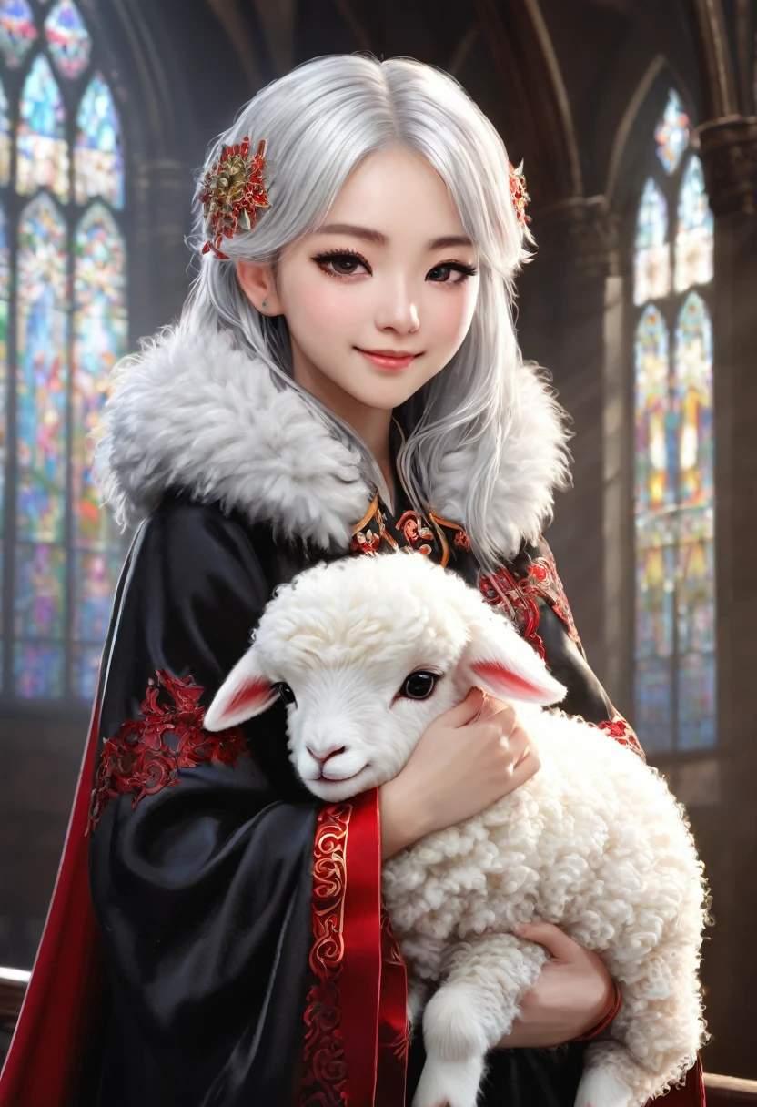 uploaded on e621, ((by Yurusa, by Childe Hassam, by Kenket, by Kyoto Animation)),
solo (chibi:1.15) ((sheep (lamb \(cult of the lamb\)), black body and white fur, white hair, horn, clear red sclera)),
(wear red crown, red cloak, grey black gown:1.25), (flat chested, smile), ((detailed fluffy fur)),
(half-length portrait, looking at viewer, three-quarter view:1.3),
BREAK,
(standing at church with stained glass:1.25), (outside, fog, mist, candle:1.2),
(detailed background, depth of field, half body shadow, sunlight, ambient light on the body),
(intricate:0.7), (high detail:1.2), (unreal engine:1.3), (soft focus:1.1),
[explicit content, questionable content], (masterpiece, best quality, 4k, 2k, shaded, absurd res)