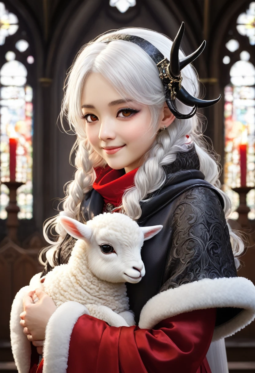uploaded on e621, ((by Yurusa, by Childe Hassam, by Kenket, by Kyoto Animation)),
solo (chibi:1.15) ((sheep (lamb \(cult of the lamb\)), black body and white fur, white hair, horn, clear red sclera)),
(wear red crown, red cloak, grey black gown:1.25), (flat chested, smile), ((detailed fluffy fur)),
(half-length portrait, looking at viewer, three-quarter view:1.3),
BREAK,
(standing at church with stained glass:1.25), (outside, fog, mist, candle:1.2),
(detailed background, depth of field, half body shadow, sunlight, ambient light on the body),
(intricate:0.7), (high detail:1.2), (unreal engine:1.3), (soft focus:1.1),
[explicit content, questionable content], (masterpiece, best quality, 4k, 2k, shaded, absurd res)