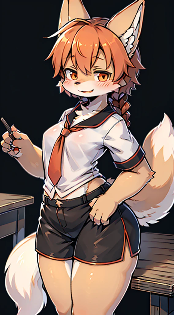 Japanese style high school shirt，cute男孩子，furry，furry，hairy，furry，hairy，furry，Body hair，Hair covers the whole body，Gentle smile，shota，Anthropomorphic Fox，Fox Girl，小braid，braid，cute，Orange hair，Orange hair all over body，全身Orange hair，Japanese school uniform shirt，shorts，shorts，Big butt，Petite figure，Thin waist，Slim figure，Classroom Background，Indoor background，Campus style，individual，individual，individual，Q version style，American anime style，femboy，femboy，Oval face