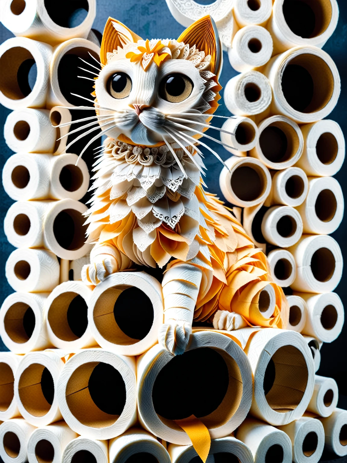 A cat perched on a throne of ral-toiletpaper rolls, surveying its papery kingdom with regal indifference. ral-toiletpaper 