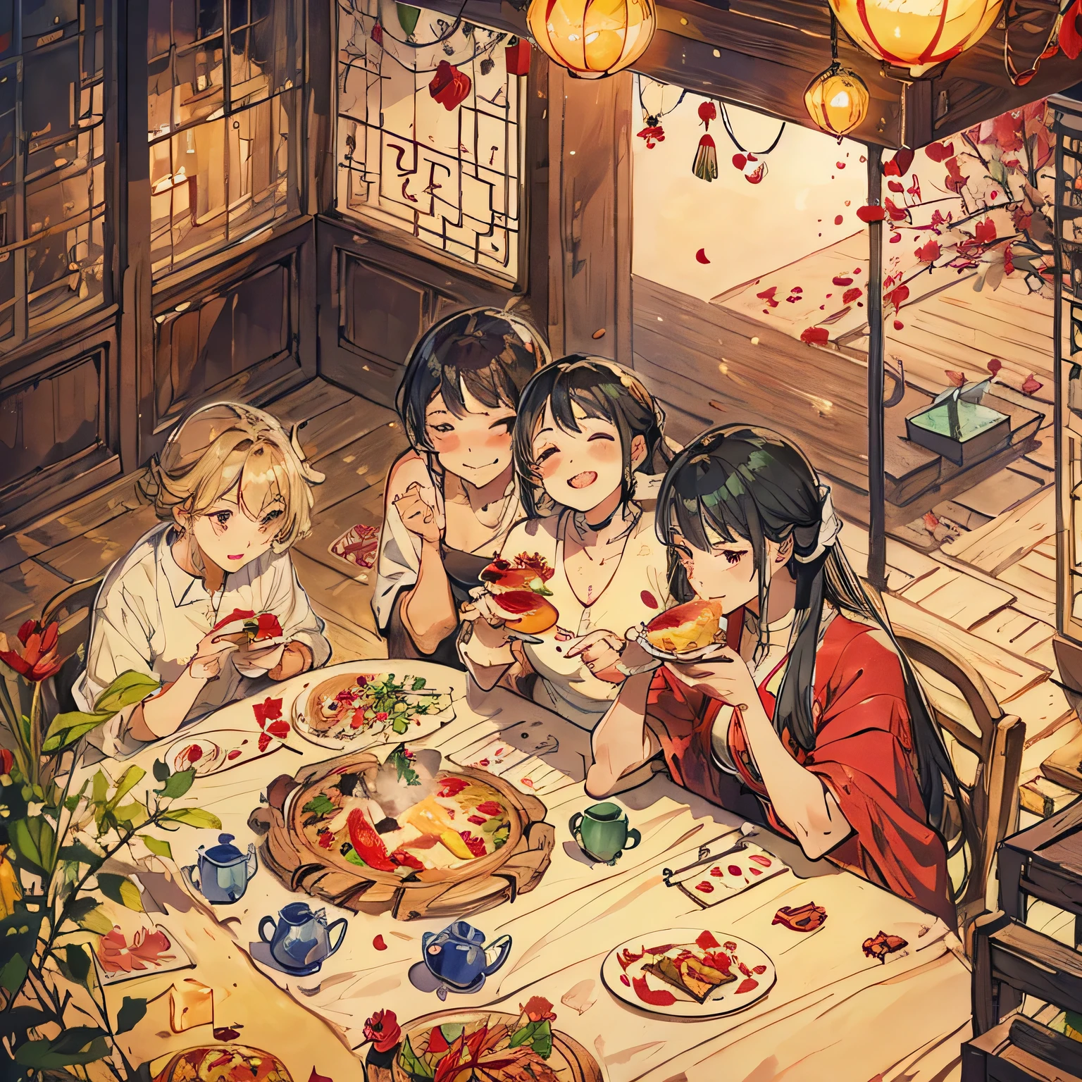 ham、tomato、cheese、Glass、spices、Tea、petal、herb, set the table