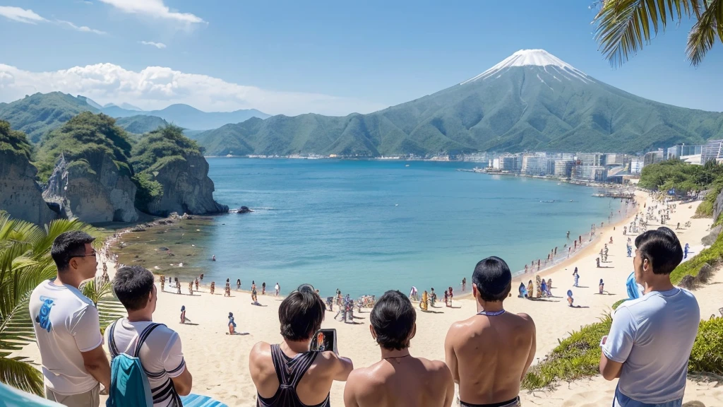 masterpiece, best quality, ultra-detailed, detailed scenery, beautiful detailed eyes, Angle from the front, (Landscape Photography:0.7), (The view from below:1.4),
Beach, (crowd of men:1.1), (Four Japanese men standing at a distance facing the viewer:1.6), wearing only swim trunks,
beach chairs, beach ball, Beach umbrellas a short distance away, (toy banana boat in the sea:1.1),