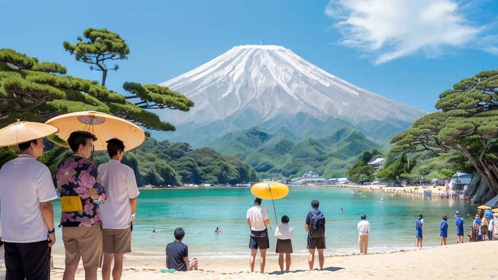 masterpiece, best quality, ultra-detailed, detailed scenery,  beautiful detailed eyes, Angle from the front, (Landscape Photography:0.7), (The view from below:1.4), 
Beach, (crowd of men:1.1), (Four Japanese men standing at a distance facing the viewer:1.6), wearing only swim trunks,

beach chairs, beach ball, Beach umbrellas a short distance away, (toy banana boat in the sea:1.1), 
