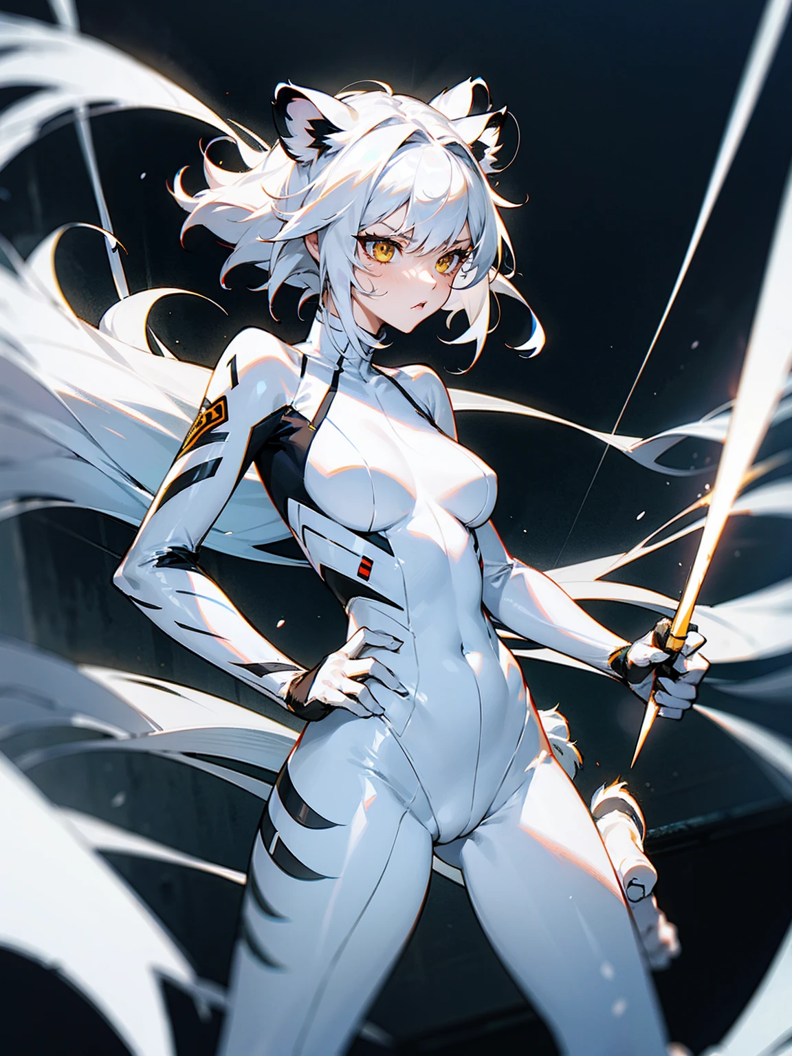    1female, white hair, messy hair, white tiger ears, white tiger tail, white body suit with tiger stripes, angry                               