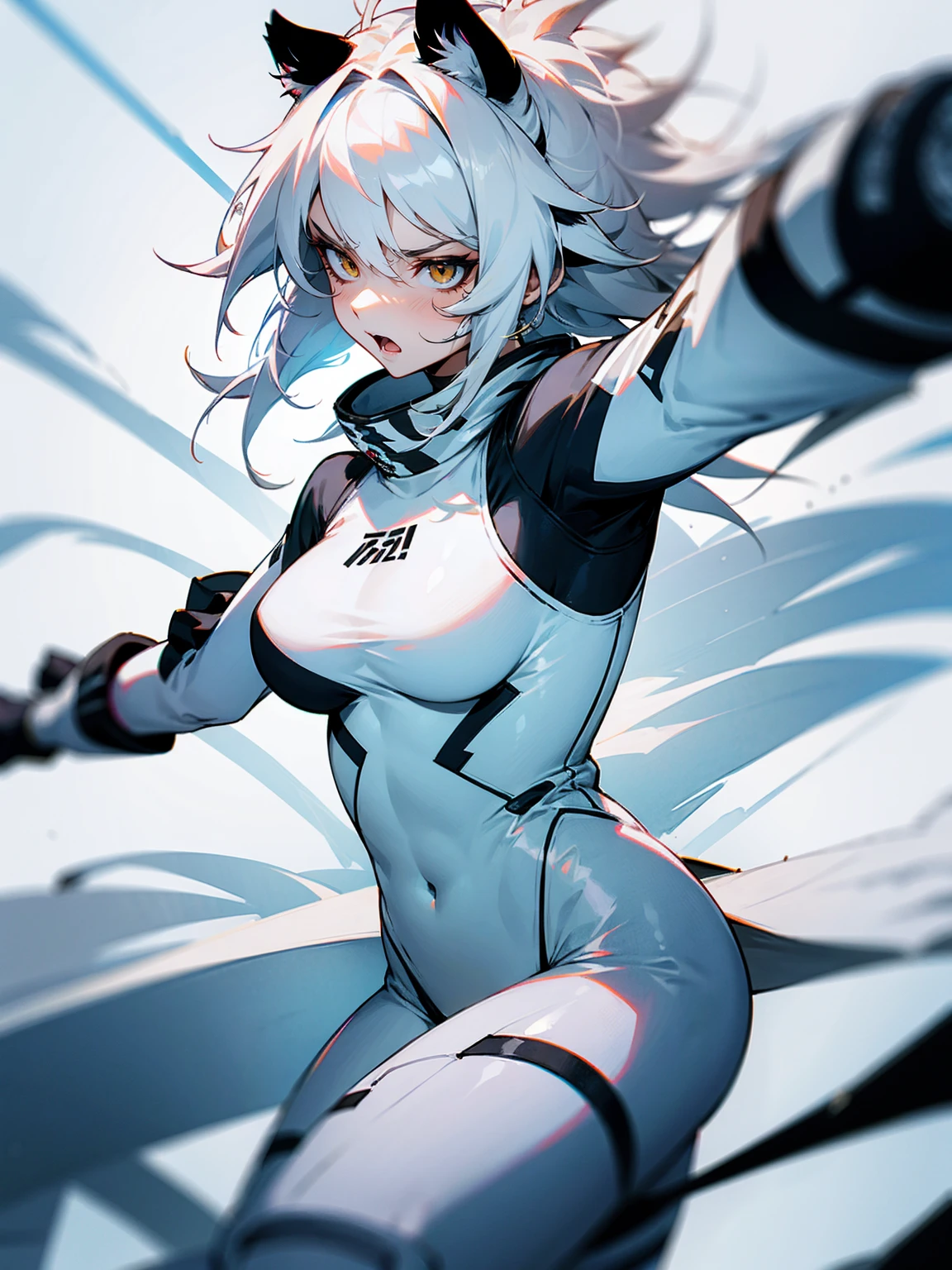    1female, white hair, messy hair, white tiger ears, white tiger tail, white body suit with tiger stripes, angry                               