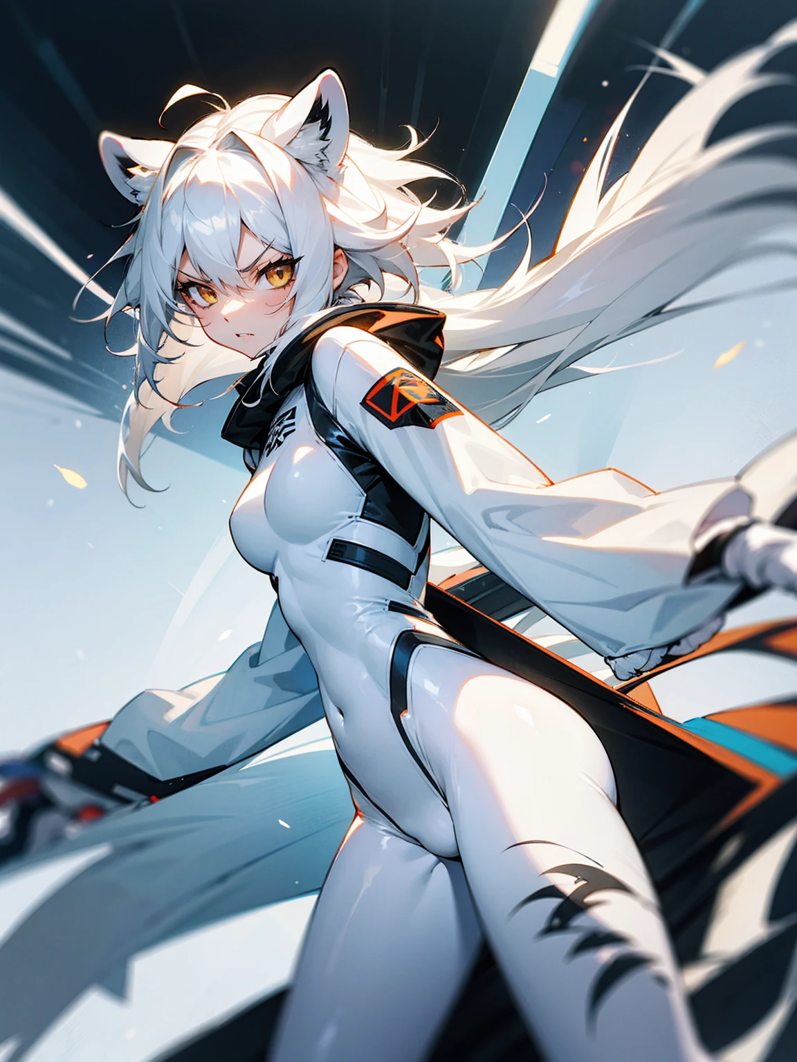 1female, white hair, messy hair, white tiger ears, white tiger tail, white body suit with tiger stripes, angry