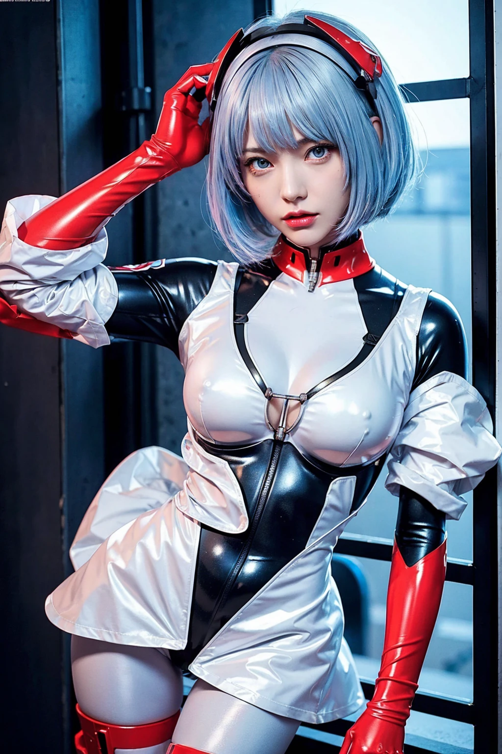 ((Rei Ayanami)), (((Evangelion)), Cosplay, ((Light blue hair)), ((Bangs)), ((Light makeup)), (Middle breast), (Light clothing)))), ((White plug suit)))), (Open shirt)))), ((Navel)), (Pause))), (Base))), Slim girl model, 18-year-old female model, (Looking at camera)