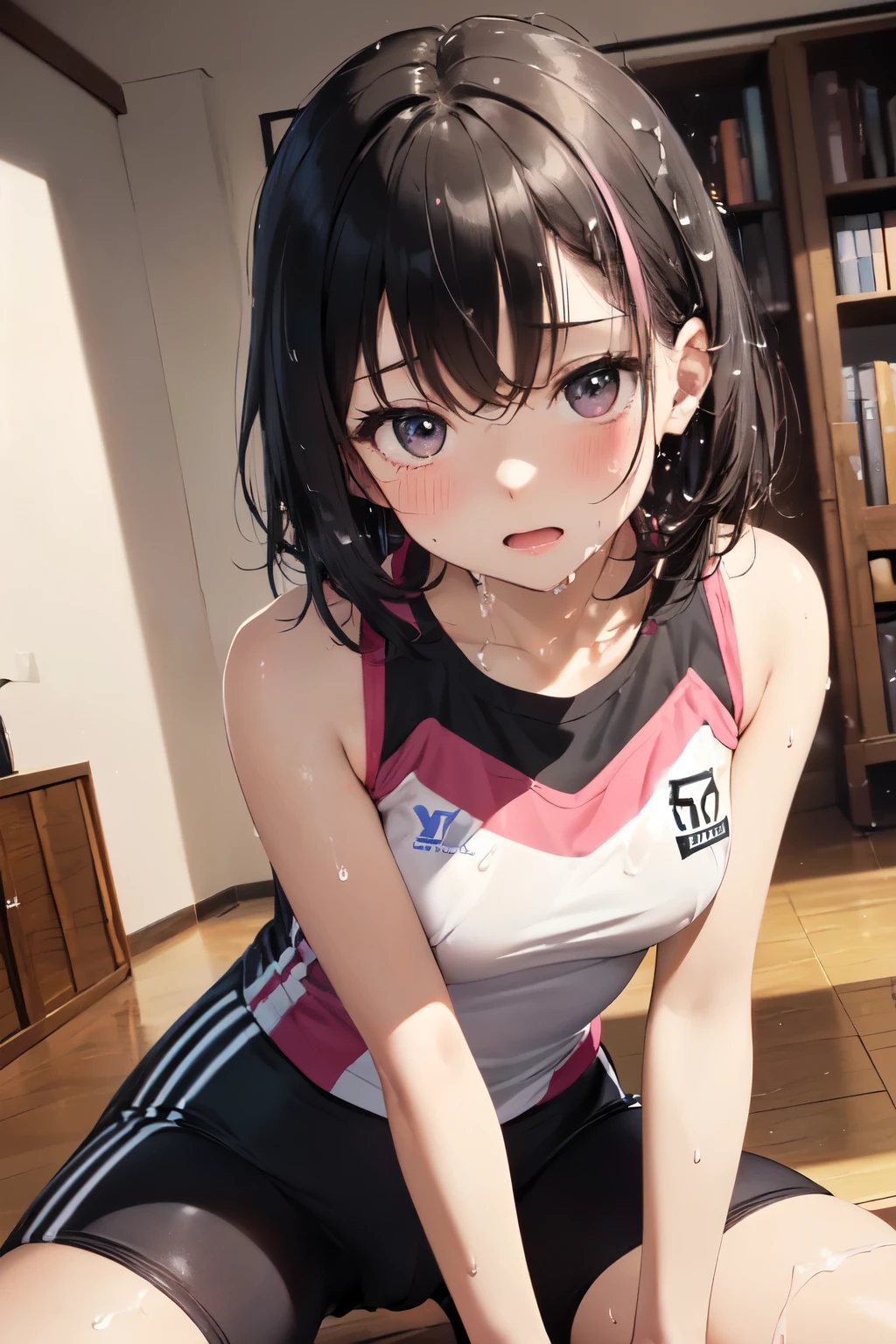 very cute and beautiful girl,(Very detailed美しい顔), (((Close-up shot of face、Open your mouth very wide、Sweating all over、White liquid))),blush,Black Hair,Seraphim,((short hair、Black Hair、Pink hair on the inside、Gal、Small breasts)),((Track & field athletes' uniforms)),((Reaching for the camera、Spread your legs、High angle、Dynamic Angle)), ((Small storage room in gymnasium、Dim lighting、vapor、Sigh、The expression of the limit)), (Highest quality,masterpiece:1.0),Absurd,High resolution,Super detailed,Very detailed,32k,8K resolution, Intricate details,Movie Scenes,Detailed Background,alone,Dynamic Angle,