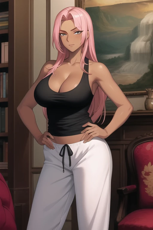 masterpiece, high quality, intricate details, official art,
Ingrid, 1girl, mature female, dark-skinned female, white tank top, pyjama pants, cleavage, large breasts, pink long hair