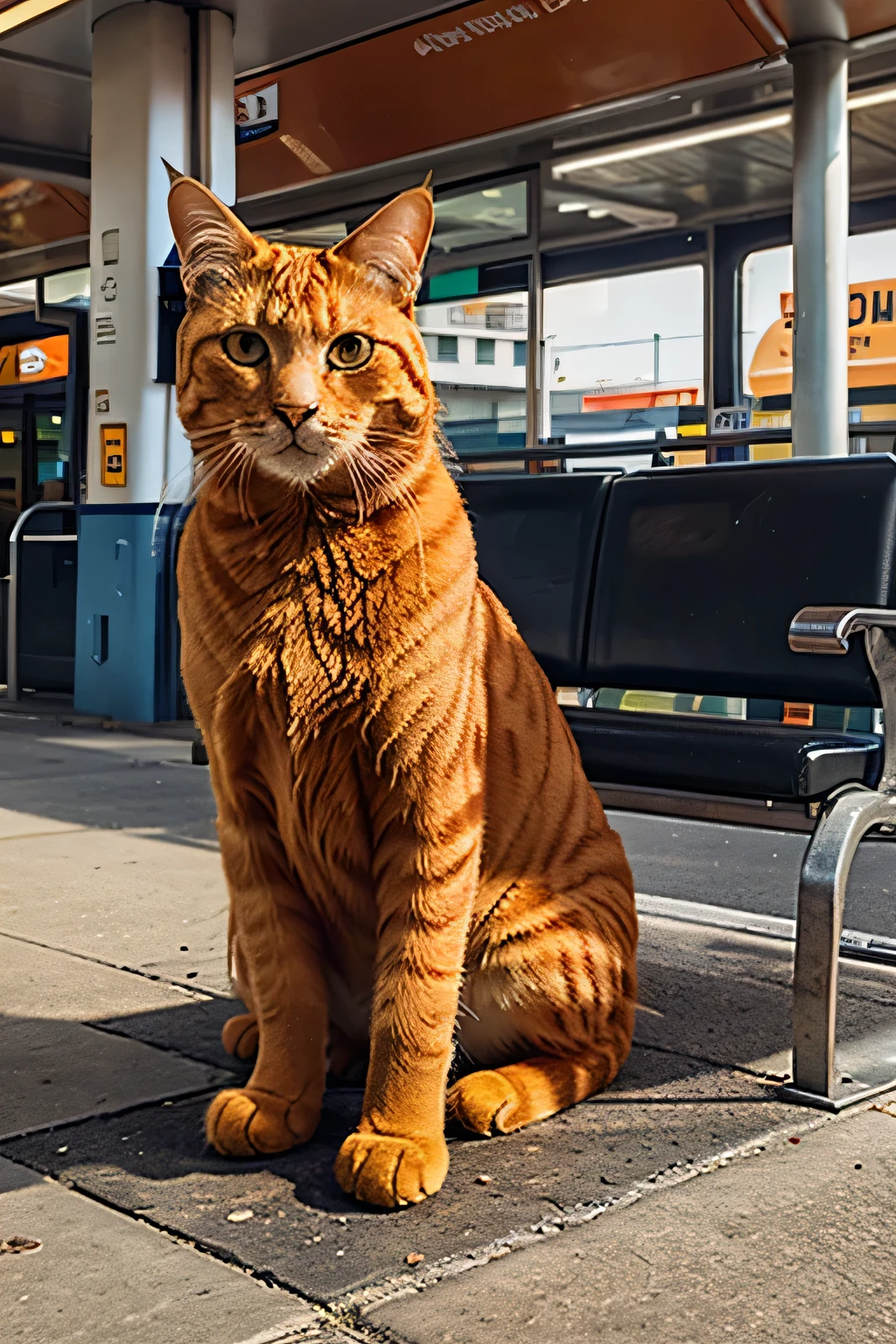 Orange cat on a bus station with people