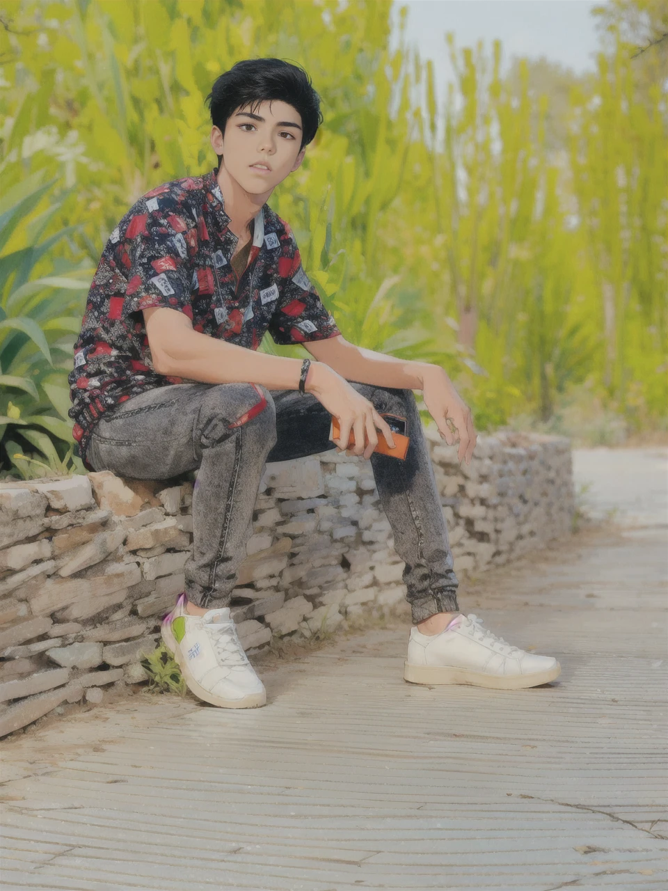 Chinese male high school student,Wear an orange PVC sweater,solid color backdrop