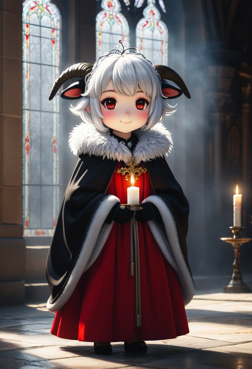 uploaded on e621, ((by Yurusa, by Childe Hassam, by Kenket, by Kyoto Animation)), solo (chibi:1.15) ((sheep (lamb \(cult of the lamb\)), black body and white fur, white hair, horn, clear red sclera)), (wear red crown, red cloak, grey black gown:1.25), (flat chested, smile), ((detailed fluffy fur)), (half-length portrait, looking at viewer, three-quarter view:1.3), BREAK, (standing at church with stained glass:1.25), (outside, fog, mist, candle:1.2), (detailed background, depth of field, half body shadow, sunlight, ambient light on the body), (intricate:0.7), (high detail:1.2), (unreal engine:1.3), (soft focus:1.1), [explicit content, questionable content], (masterpiece, best quality, 4k, 2k, shaded, absurd res)
