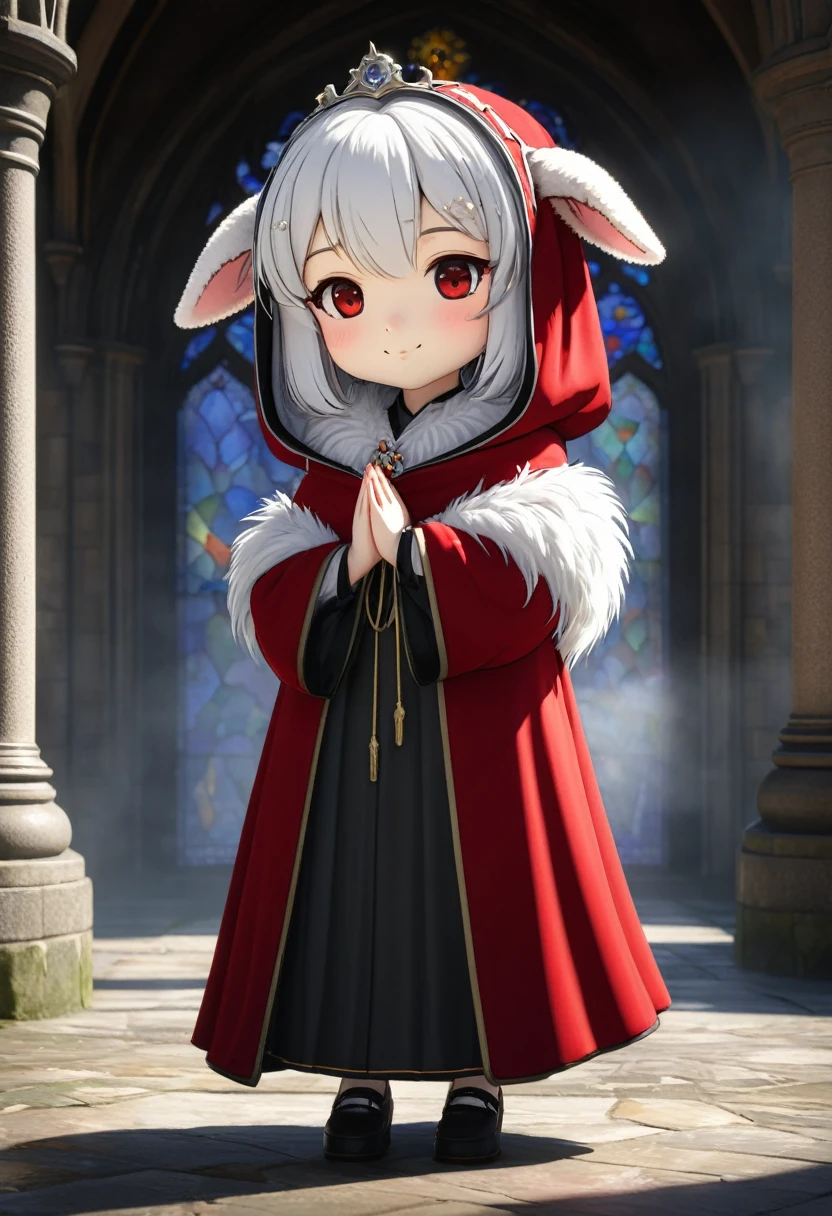 uploaded on e621, ((by Yurusa, by Childe Hassam, by Kenket, by Kyoto Animation)), solo (chibi:1.15) ((sheep (lamb \(cult of the lamb\)), black body and white fur, white hair, horn, clear red sclera)), (wear red crown, red cloak, grey black gown:1.25), (flat chested, smile), ((detailed fluffy fur)), (half-length portrait, looking at viewer, three-quarter view:1.3), BREAK, (standing at church with stained glass:1.25), (outside, fog, mist, candle:1.2), (detailed background, depth of field, half body shadow, sunlight, ambient light on the body), (intricate:0.7), (high detail:1.2), (unreal engine:1.3), (soft focus:1.1), [explicit content, questionable content], (masterpiece, best quality, 4k, 2k, shaded, absurd res)
