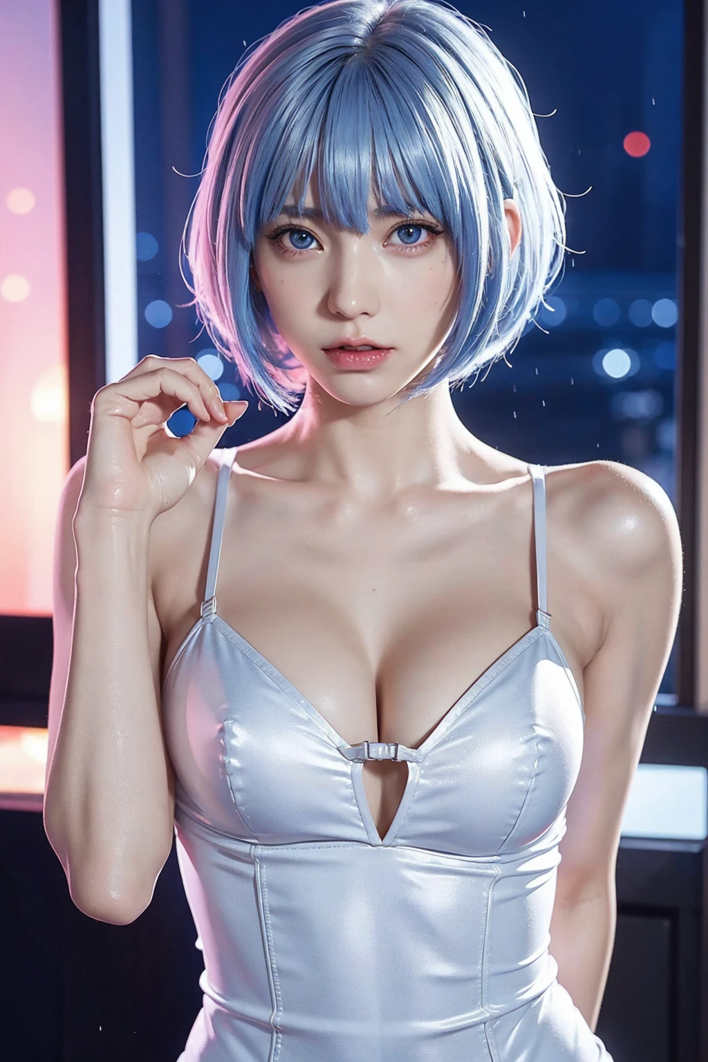 Evangelion,Rei Ayanami,Silvery blue hair,Red eyes,Red eyes, uniform,Ultra HD,super high quality,masterpiece,Digital SLR,Realistic,Detailed explanation,Crisp details,depicted in detail,Detailed face,Detailed explanation,Super detailed,Realistic skin texture,Anatomical basis,Perfect Anatomy,Anatomically correct hand,Anatomically correct fingers,Complex 3D rendering,Sexy pose,Rainy Sky,Beautiful views,Beautiful rainy sky,Picturesque,Pink Lips,
