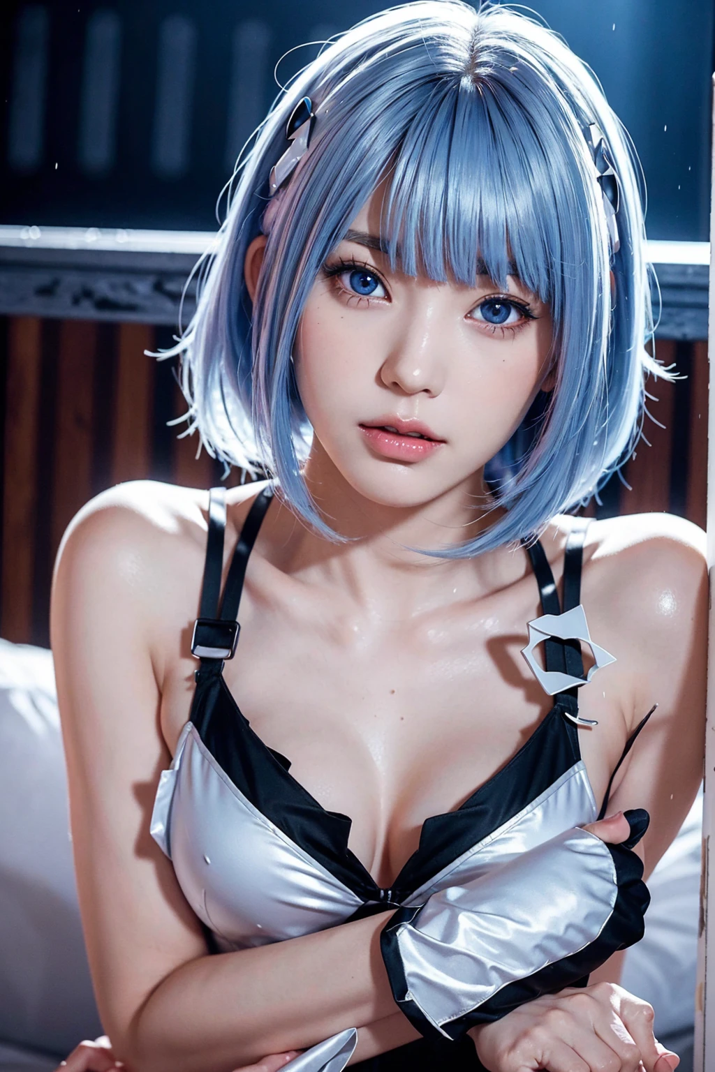 Evangelion,Rei Ayanami,Silvery blue hair,Red eyes,Red eyes, uniform,Ultra HD,super high quality,masterpiece,Digital SLR,Realistic,Detailed explanation,Crisp details,depicted in detail,Detailed face,Detailed explanation,Super detailed,Realistic skin texture,Anatomical basis,Perfect Anatomy,Anatomically correct hand,Anatomically correct fingers,Complex 3D rendering,Sexy pose,Rainy Sky,Beautiful views,Beautiful rainy sky,Picturesque,Pink Lips,
