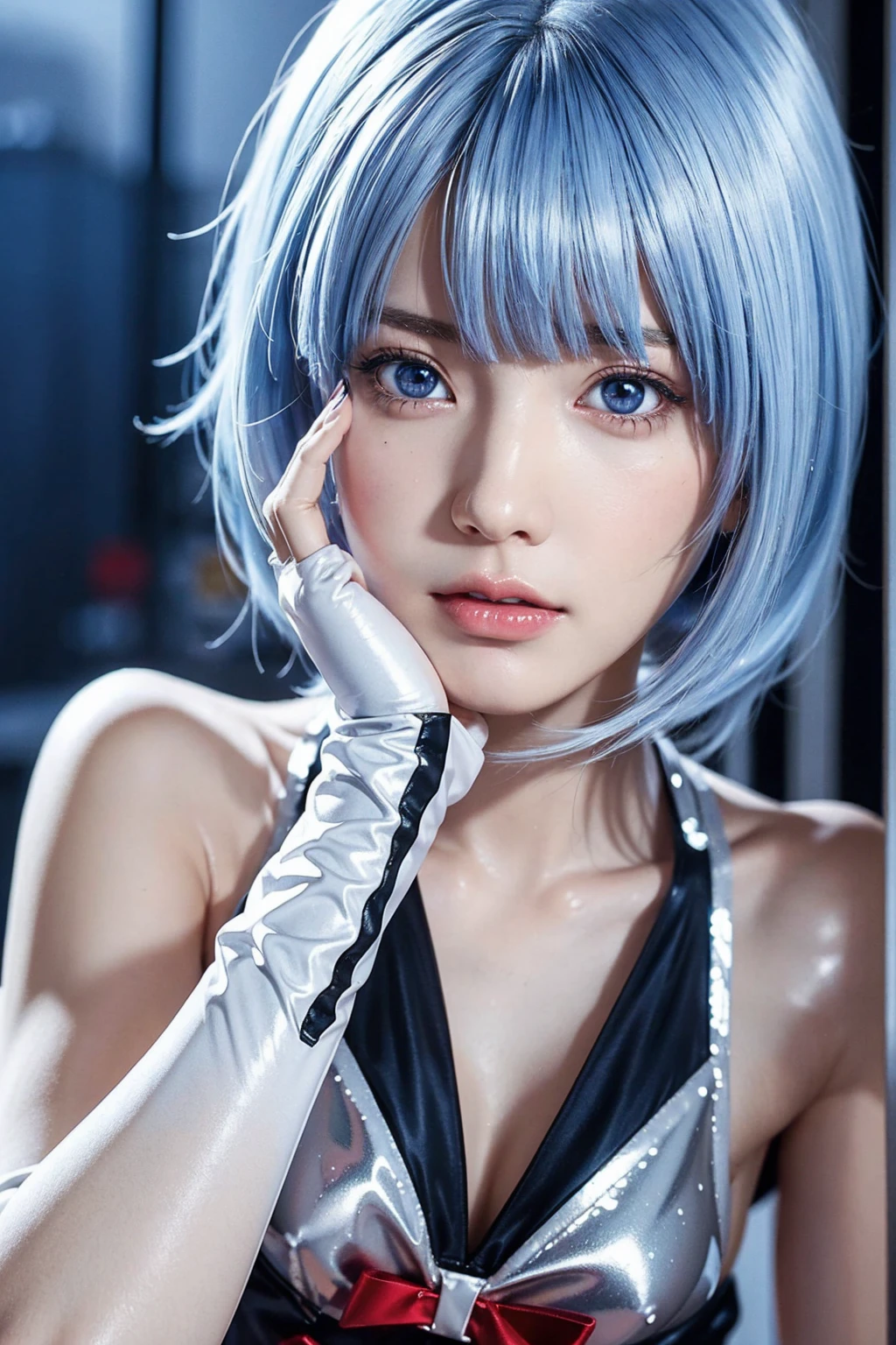 Evangelion,Rei Ayanami,Silvery blue hair,Red eyes,Red eyes, uniform,Ultra HD,super high quality,masterpiece,Digital SLR,Realistic,Detailed explanation,Crisp details,depicted in detail,Detailed face,Detailed explanation,Super detailed,Realistic skin texture,Anatomical basis,Perfect Anatomy,Anatomically correct hand,Anatomically correct fingers,Complex 3D rendering,Sexy pose,Rainy Sky,Beautiful views,Beautiful rainy sky,Picturesque,Pink Lips,
