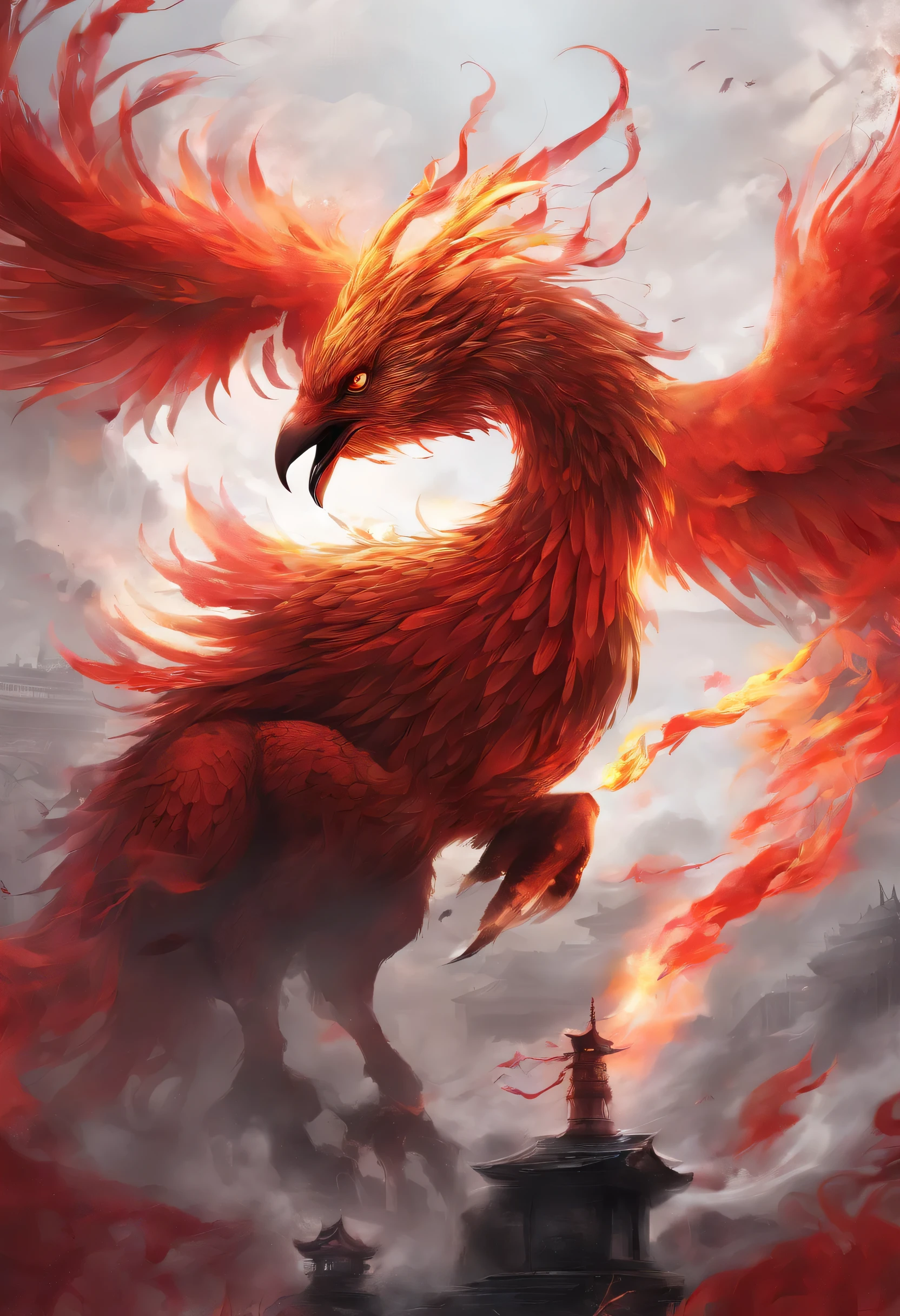 China-style，Chinese mythology，firebird，cough，Ferocious，gargantuan，The eyes glow red，Covered in flames，surrounded by cloud，The scene is，Full body like， highly detailed surreal vfx，oc rendered， - AR 16:9 --q 2 --s 1000