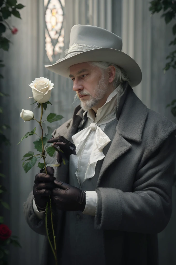 there is a wise man in a hat and coat holding a white rose, beautiful detailed white hair, inspired by Ivan Kramskoi, romanticism portrait, inspired by Eugene von Guerard, inspired by Théodore Chasseriau, inspired by Francesco Hayez, melanchonic white rose soft light, holding a white rose, inspired by Édouard Manet, inspired by Jean Jouvenet