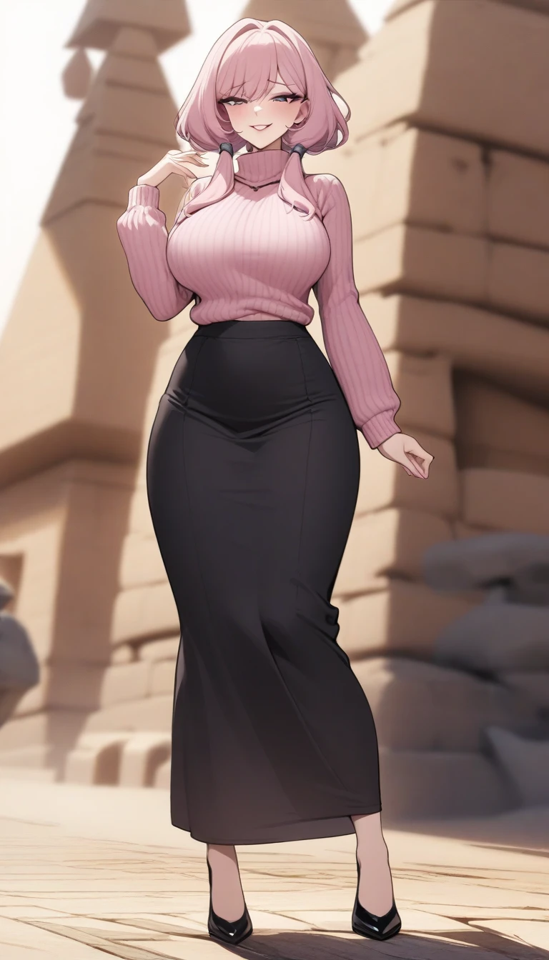 masterpiece, best quality, very aesthetic, absurdres, 1girl, mature_lady, full body, ,smug,Pastel pink hairshort hair with long locks,Cowl Neck Sweater,Egyptian - Characterized by massive stone structures, such as pyramids and temples.,blur background,background defocus