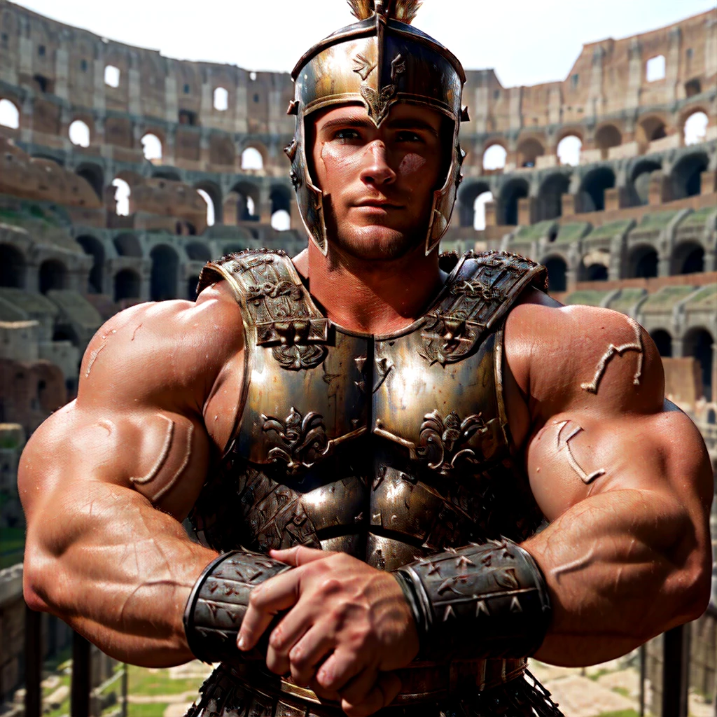 Close-up of a man in Roman gladiation costume, roman gladiator, одетый в roman armor, At the Colosseum, attractive muscular man in armor, Ryan Gosling as the Roman Statue, in a gladiators arena landscape, Roman centurion, Arnold 3D rendering, Arnold 3D rendering, from Pogus Caesar, gladiator armor, gladiator, roman armor, Arnold render