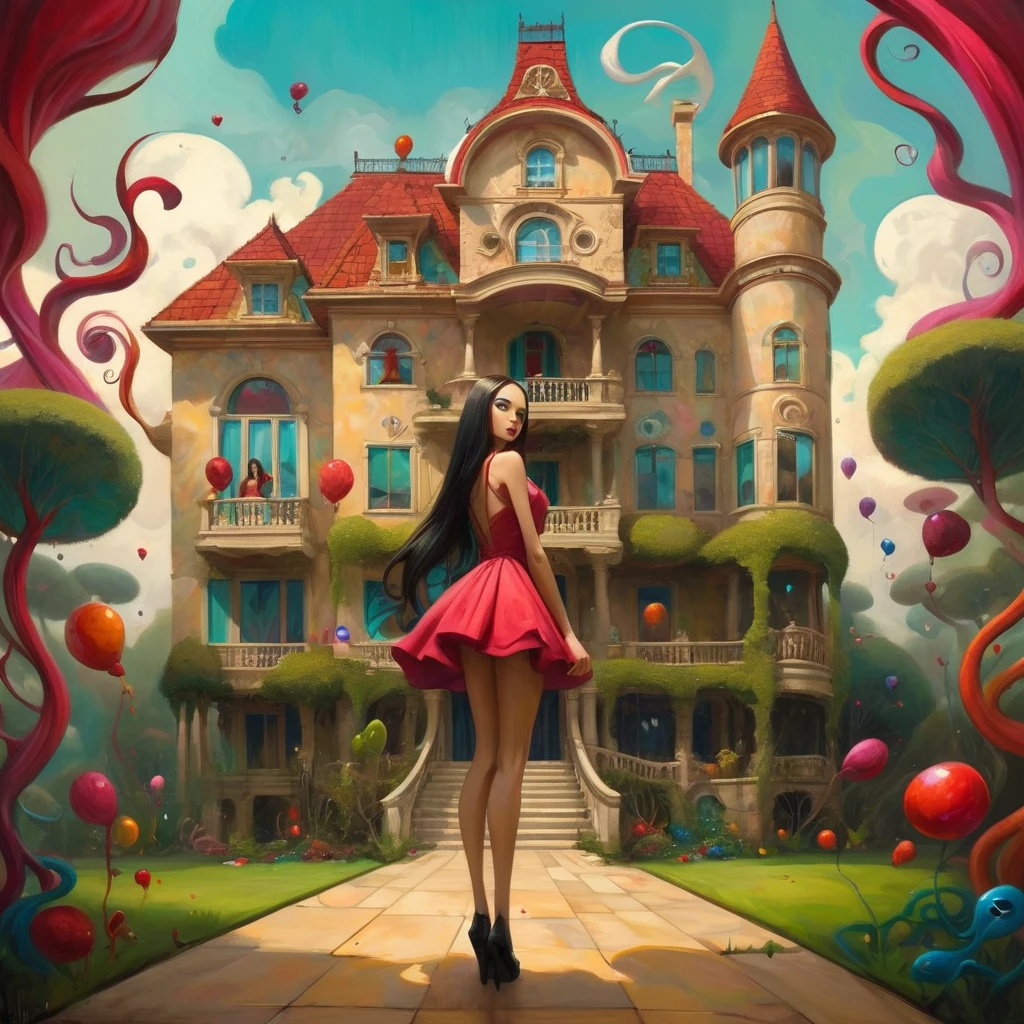 Tony Sandoval (Tony Sandoval) Vibrant surrealism style, a beautiful girl，in a huge house，It&#39;s full of strange and colorful creatures, Each of them constitutes a fascinating dream.