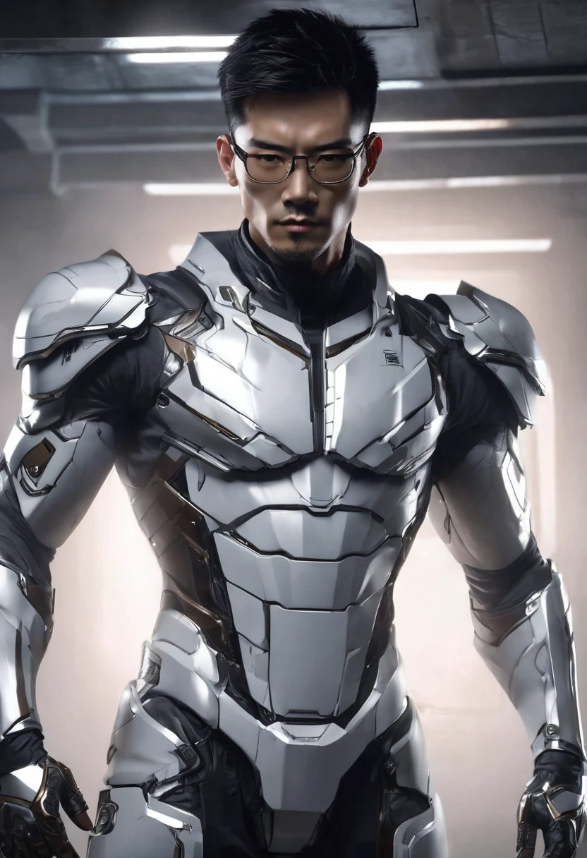 1 man, inside a modern room in a futuristic style, wearing fine iron armor in white and silver tones, thin body, light muscles, detailed facial features, brown male eyes Chinese anatomy, wearing square glasses, detailed tanned skin, hair messy short dark images falling on the face, strong expression and serious and dramatic lighting, scars on the body, ex inmate, dark cold cinematic composition, atmospheric fog, beautiful face, square chin, handsome man, masculine and handsome, 25 years old (best quality, 4K , 8K, High Resolution, Art: 1.2), Ultra Detailed, (Realistic, Photorealistic, Photorealistic: 1.37)