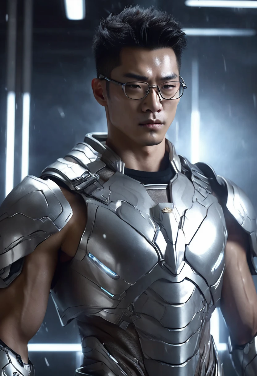 Realistic​ photography​ of a​​​​ korean boy​, 22 ages​​​ , wearing​ a​ ice armor, thin​ necklace​, ((huge pecs))​​ ,​ white​ skin, at​ holy​ old​s,run cool