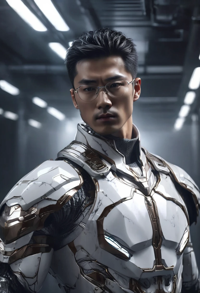 1 man, inside a modern room in a futuristic style, wearing fine iron armor in white and silver tones, thin body, light muscles, detailed facial features, brown male eyes Chinese anatomy, wearing square glasses, detailed tanned skin, hair messy short dark images falling on the face, strong expression and serious and dramatic lighting, scars on the body, ex inmate, dark cold cinematic composition, atmospheric fog, beautiful face, square chin, handsome man, masculine and handsome, 25 years old (best quality, 4K , 8K, High Resolution, Art: 1.2), Ultra Detailed, (Realistic, Photorealistic, Photorealistic: 1.37)