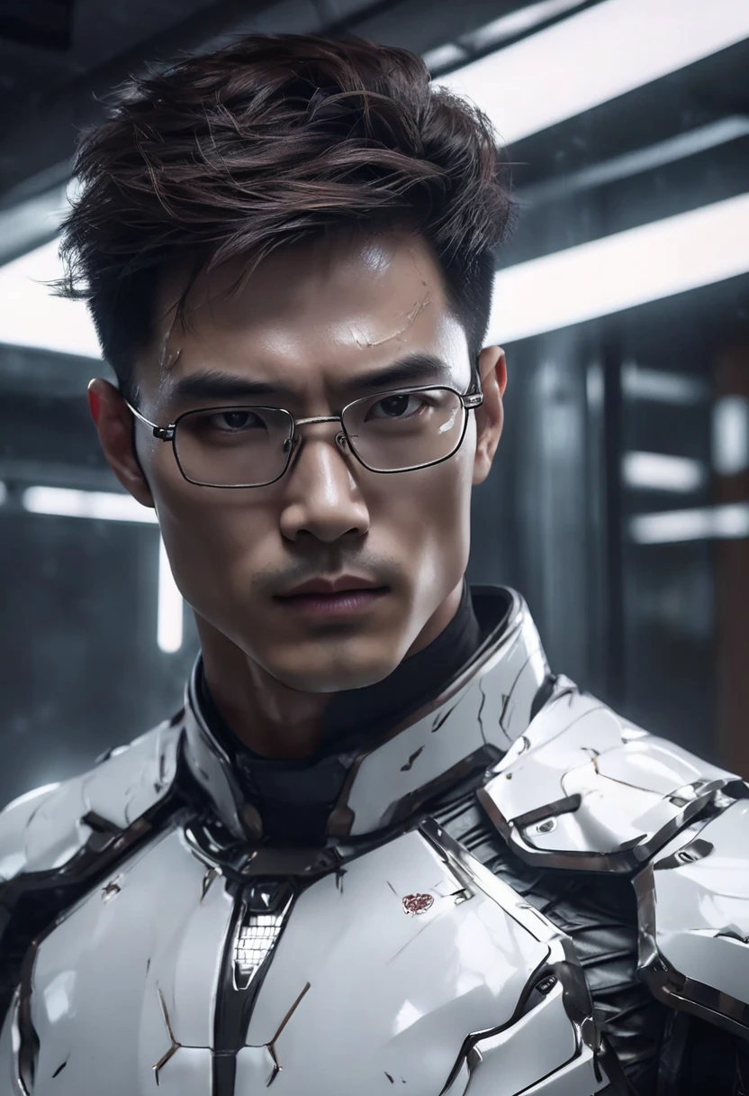 1 man, inside a modern room in a futuristic style, wearing fine iron armor in white and silver tones, thin body, light muscles, detailed facial features, brown male eyes Chinese anatomy, wearing square glasses, detailed tanned skin, hair messy short dark images falling on the face, strong expression and serious and dramatic lighting, scars on the body, ex inmate, dark cold cinematic composition, atmospheric fog, beautiful face, square chin, handsome man, masculine and handsome, 25 years old (best quality, 4K , 8K, High Resolution, Art: 1.2), Ultra Detailed, (Realistic, Photorealistic, Photorealistic: 1.37)