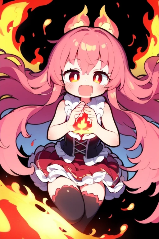 (masterpiece, best quality), 1girl, very long pink hair, flaming hair, red eyes, flames, hands in flame, flame blade, red magic circle, red corset, black thighhighs, sidelighting, light particles, abstract, dynamic angle,