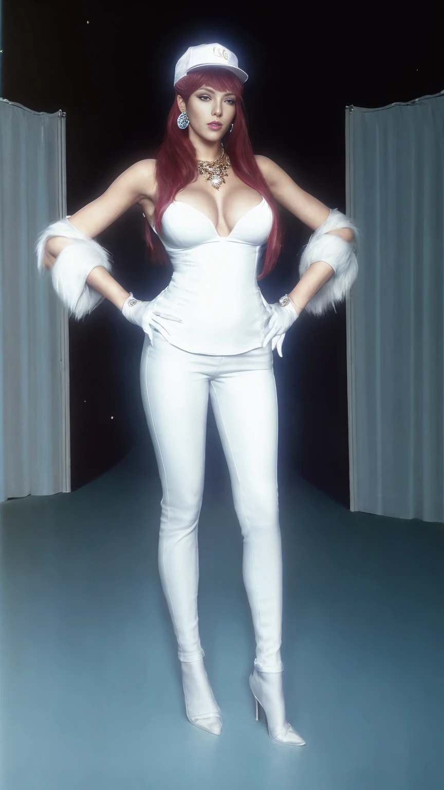 ((Full body photo, standing, feet on the floor)) AKali KGIVES prestige, 1 girl, alone, long hair, breasts out, looking at viewer, jeweler, medium breasts, red hair, necklace, hair over one of eyes, lips, makeup, white hat, chest, epic light, top cut, fur trim, jacket, theater, standing, white gloves, white pants, tight pantsGIVESs, K/GIVES (League of Legends), Off The Shoulder, lips parted, hipdertailed,
