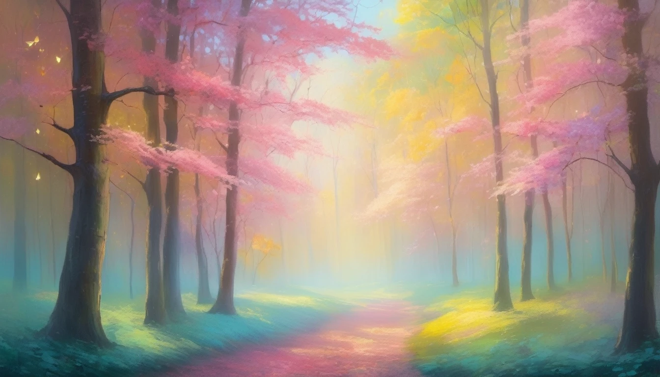 Imagine stepping into an ethereal forest where every leaf and tree exudes a gentle luminescence. Your task is to capture this magical woodland in an impressionist style, using the soft, dreamlike hues of pastel colors. Let your brushstrokes be light and airy, creating an atmosphere of enchantment and mystery.
**Details to Include:**
1. **Luminous Trees:** Paint tall, slender trees with a soft, glowing aura. The leaves should be in shades of pastel greens, pinks, and blues, giving the impression that they are illuminated from within.