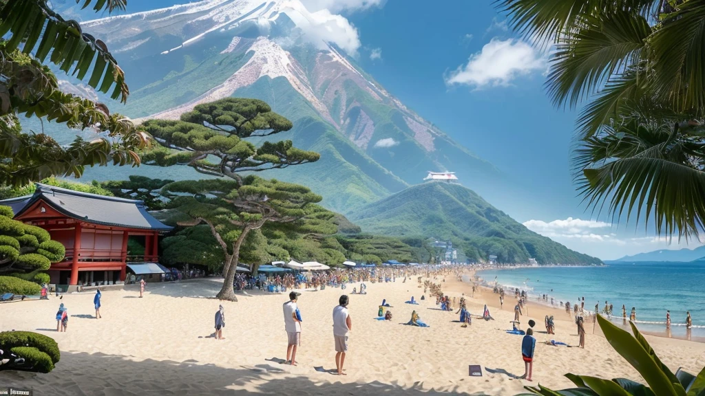 masterpiece, best quality, ultra-detailed, detailed scenery, beautiful detailed eyes, Angle from the front, (Landscape Photography:0.7), (The view from below:1.4),
Beach, (crowd of men:1.1), (Four Japanese men standing at a distance facing the viewer:1.6), wearing only swim trunks,
beach chairs, beach ball, Beach umbrellas a short distance away, (toy banana boat in the sea:1.1),